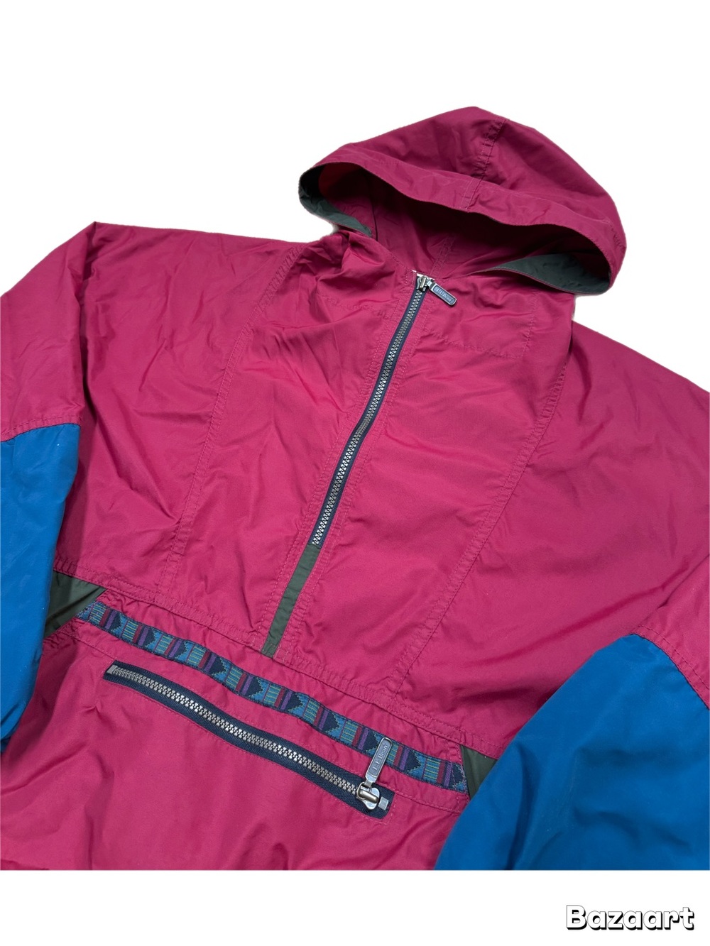 Vintage LL Bean Jacket Men's Medium Red Aztec Anorak Windbreaker Colorblock USA